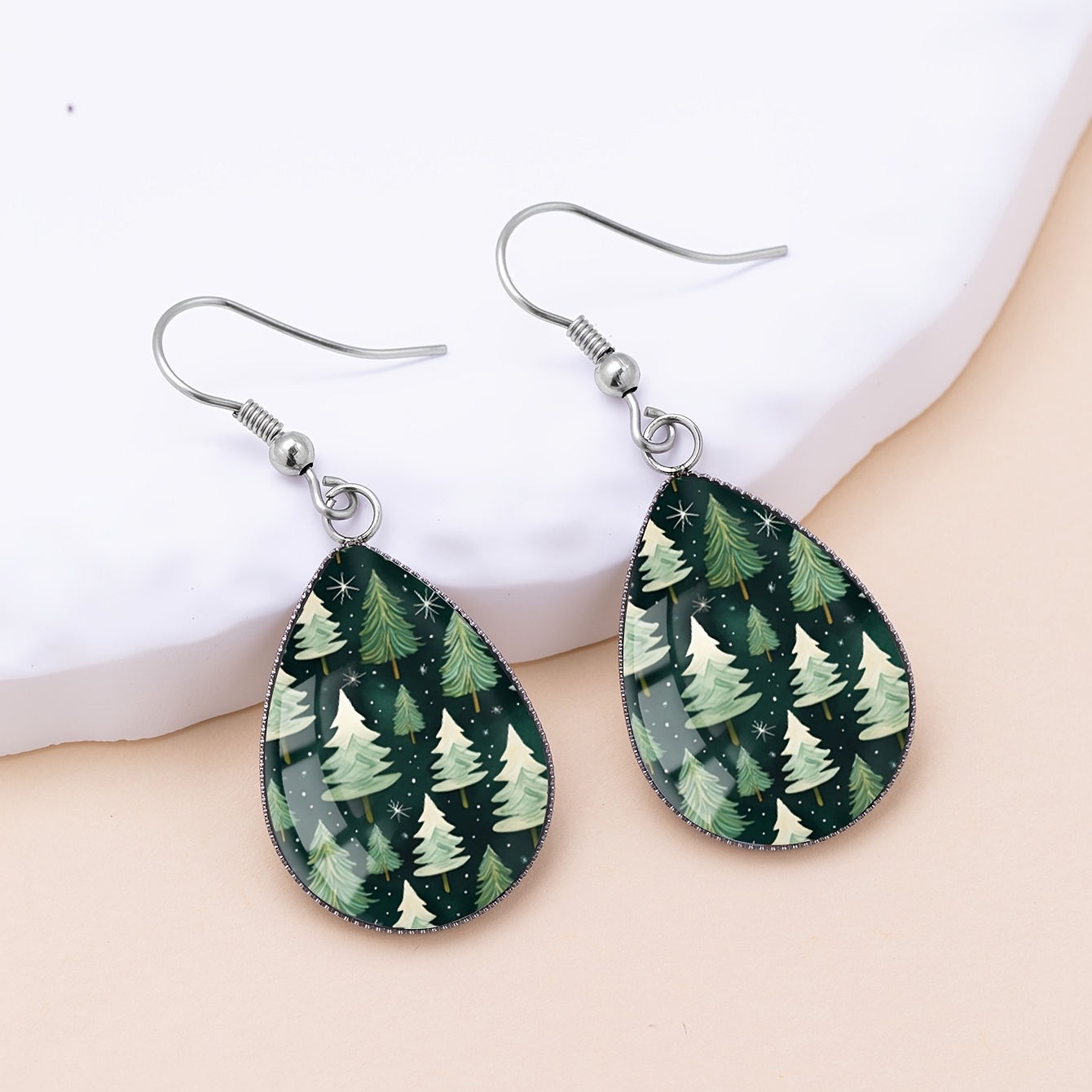 Women's Deep Green Forest Pattern Stainless Steel Water Drop Earrings
